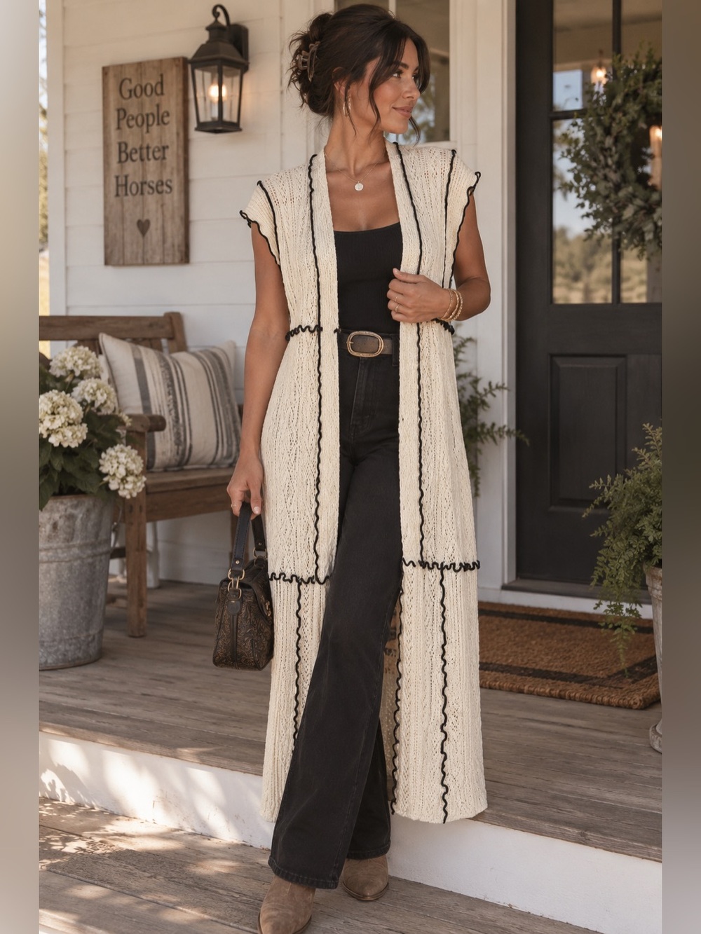 POL Cream Knit Longline Sleeveless Duster with Black Trim